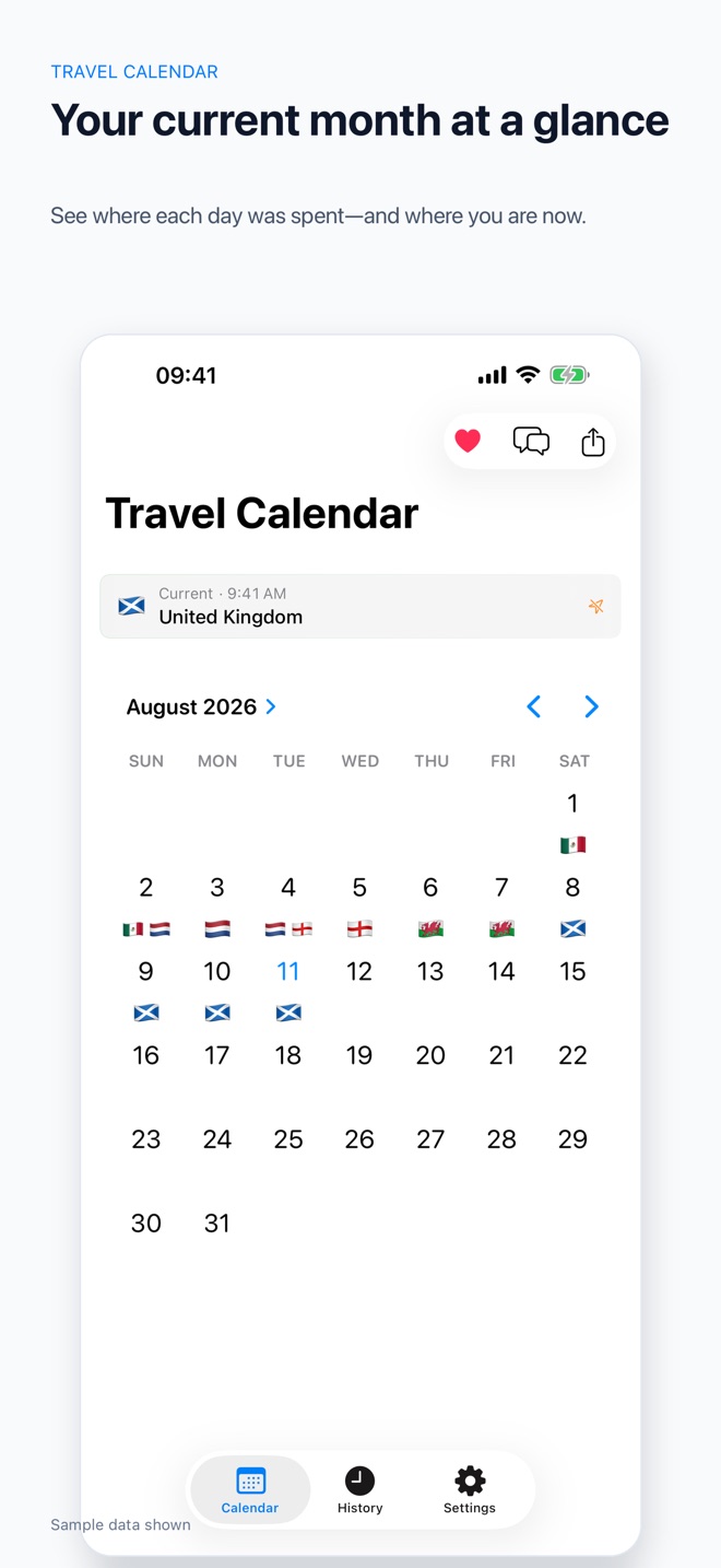 Atlas Logged travel calendar showing a month of visits